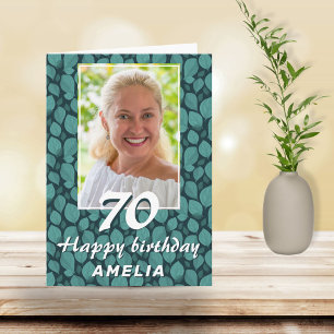 Carte Photo d'anniversaire 70 ans motif feuille turquois