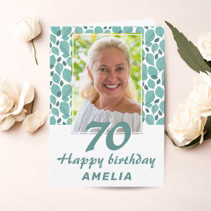 Carte Photo d'anniversaire 70 ans motif feuille turquois