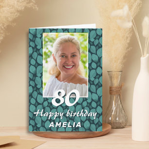 Carte Photo d'anniversaire 80 ans motif feuille turquois