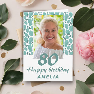 Carte Photo d'anniversaire 80 ans motif feuille turquois