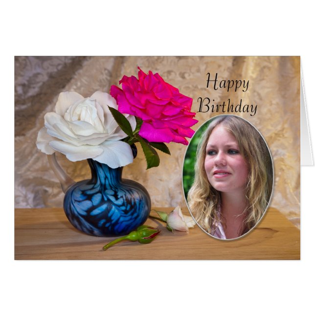 Carte photo d'anniversaire avec rose (Devant horizontal)