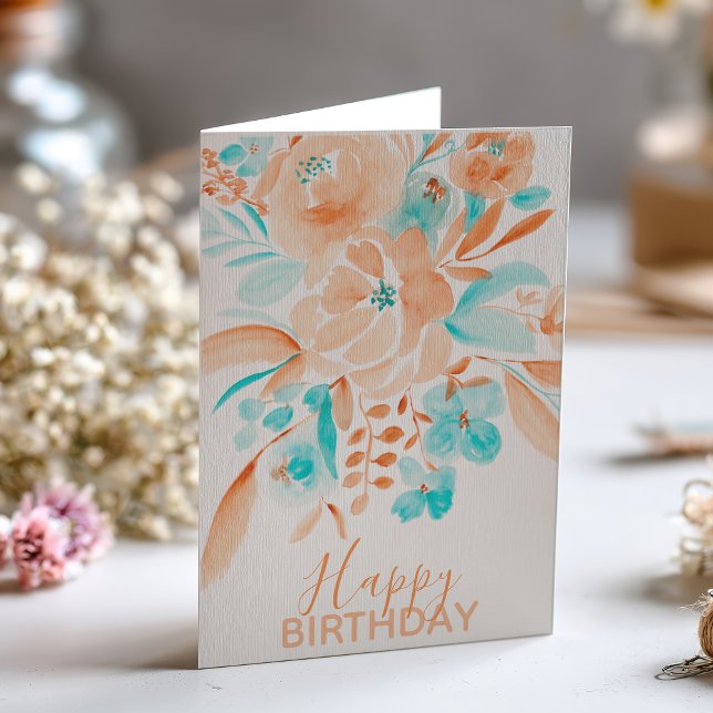 Carte Photo d'anniversaire heureuse d'anniversaire de la (Beach cool floral watercolor happy birthday photo card)