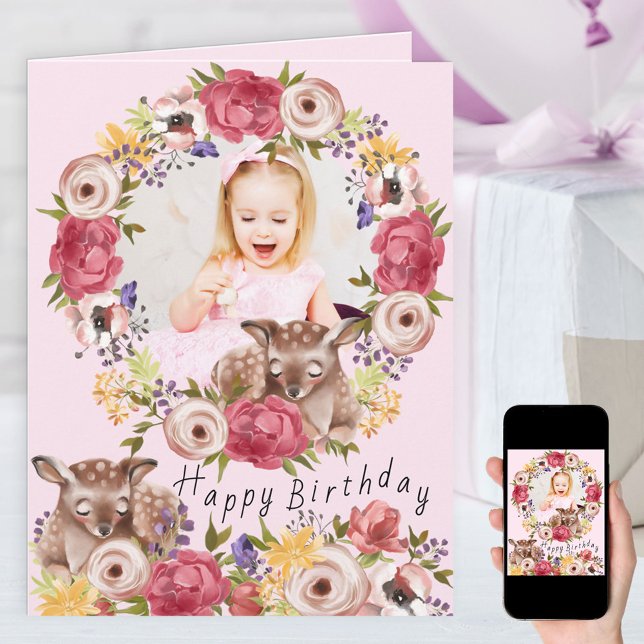 Carte Photo dans Floral Wreath Woodland Deer Pink Annive (Créateur téléchargé)