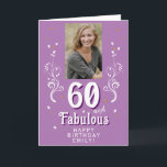 Carte Photo de 60 ans et feuillage fabuleux violet pour<br><div class="desc">Carte photo de 60 ans et feuillage fabuleux violet. Texte 60 ans et fabuleux dans un script blanc tendance avec un nom et un feuillage blanc sur un fond violet vif. Personnalisez-le avec votre photo,  votre nom et votre âge. Ajoutez votre texte à l'intérieur de la carte ou effacez-le.</div>