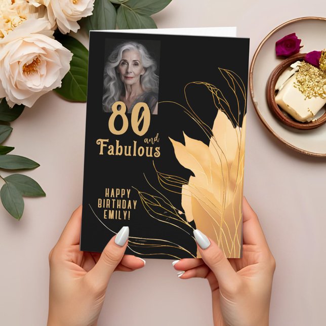 Carte Photo de 80 ans et fabuleux avec feuillage doré po (Créateur téléchargé)