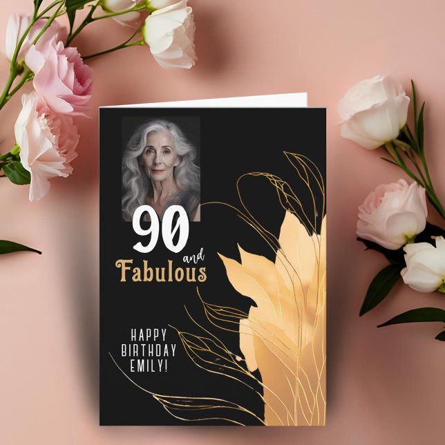 Carte Photo de 90 ans et fabuleux avec feuillage doré po (Créateur téléchargé)