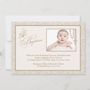 Carte photo de baptême floral crème