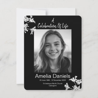 Carte photo de célébration de vie florale noir et