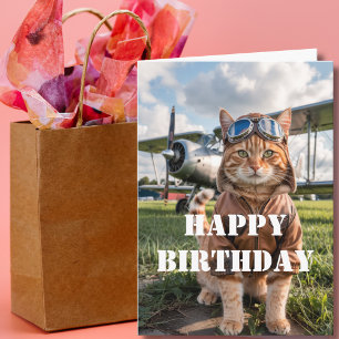 Carte Photo de chat pilote d'anniversaire & Avion drôle 