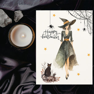 Carte Photo de chat sorcière élégant vintage pour Hallow