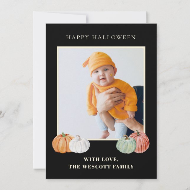 Carte photo de citrouilles aquarelles pour Hallowe (Devant)