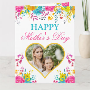 Carte Photo de cœur de fête des mères à l'aquarelle flor