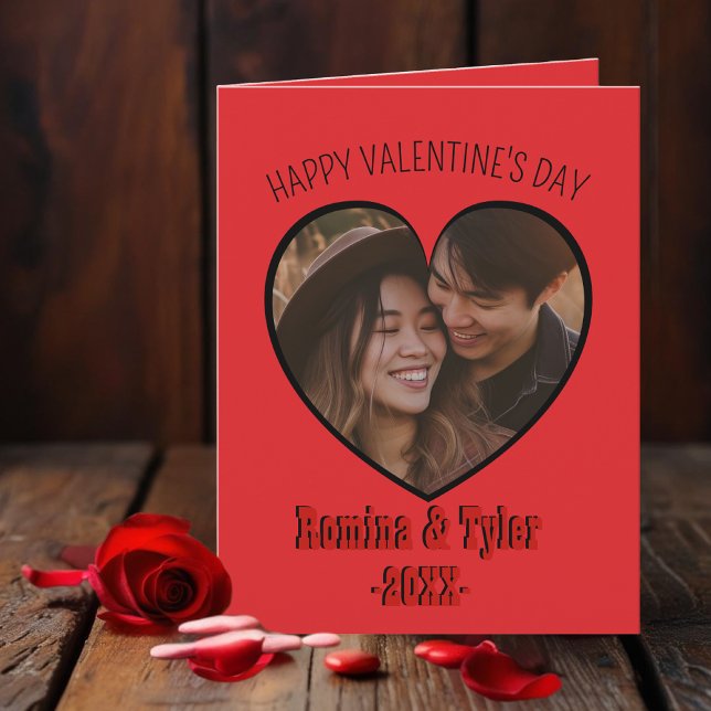 Carte Photo de coeur rouge romantique avec texte personn (Romantic Red Heart Photo with Custom Text folded Card)