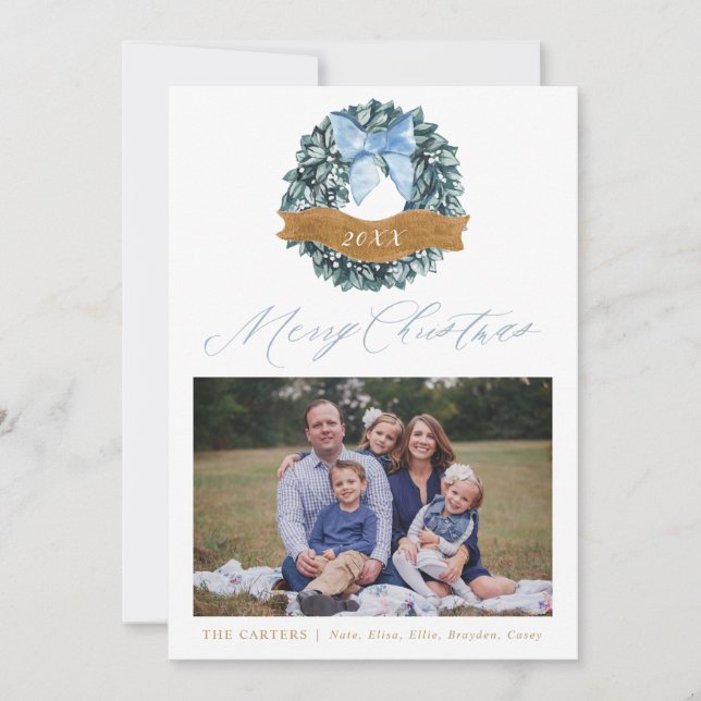 Carte photo de couronne de Noël bleu foncé (Devant)