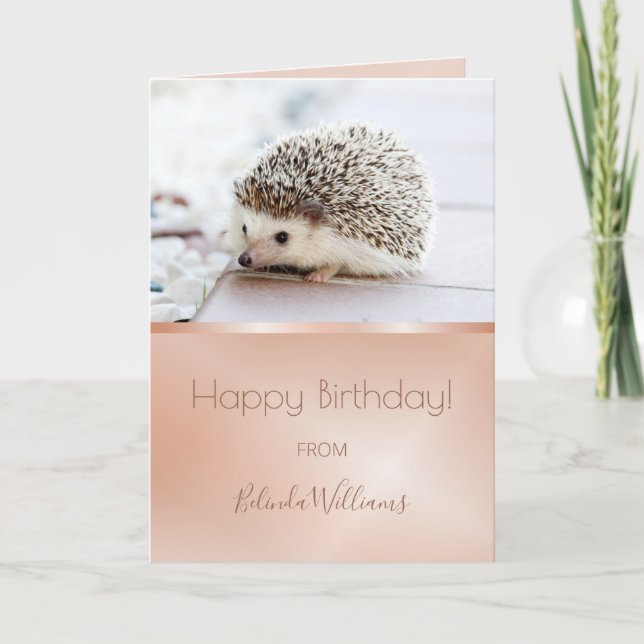 Carte Photo de Cute Hedgehog | Rose Gold Birthday Text (Devant)