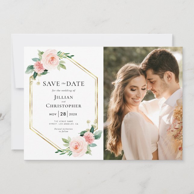 carte photo de faire-part de blush rose floral (Devant)