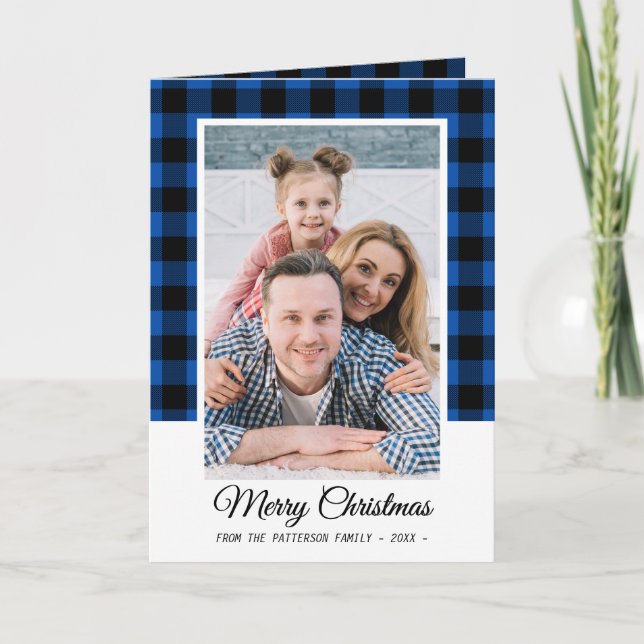 Carte Photo de famille Bleu Buffalo Plaid Joyeux Noël (Devant)