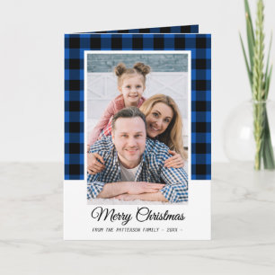 Carte Photo de famille Bleu Buffalo Plaid Joyeux Noël