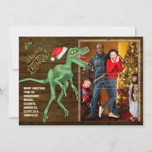 Carte photo de famille de Noël | Velociraptor drôl (Devant)