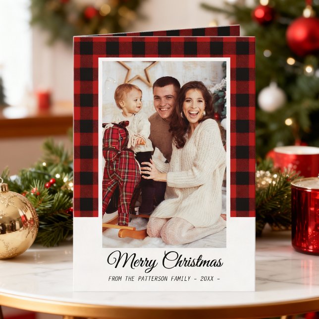 Carte Photo de famille Red Buffalo Plaid Joyeux Noël (Créateur téléchargé)