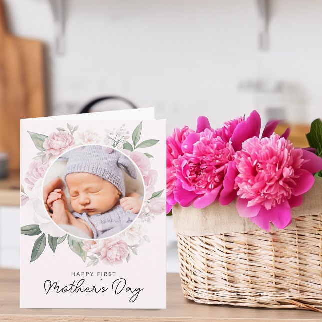 Carte Photo de fleurs de pivoine pour la première fête d (Your First Mother's Day Peony Flowers Photo Card)