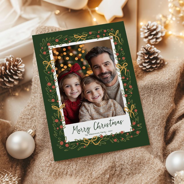 Carte photo de la couronne et des vaches de Noël (Whimsical Christmas Wreath holiday family photo card)