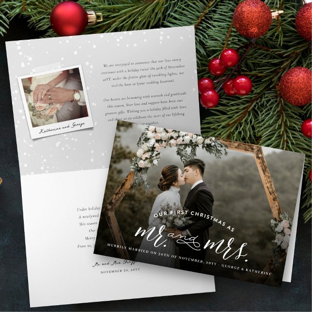 Carte photo de M. et de Mme First Christmas Modern (Our First Christmas As Mr And Mrs Modern Typography Photo Wedding Holiday Folded Card by fat*fa*tin)