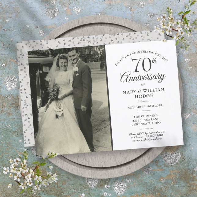 Carte photo de mariage avec confettis en forme de  (70th Anniversary Love Heart Confetti Wedding Photo Invitation)