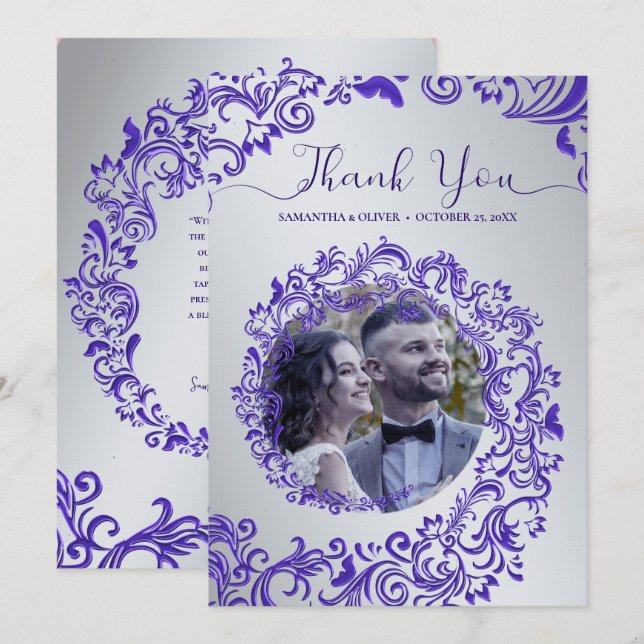 Carte photo de Merci Mariage damassé violet (Devant / Derrière)