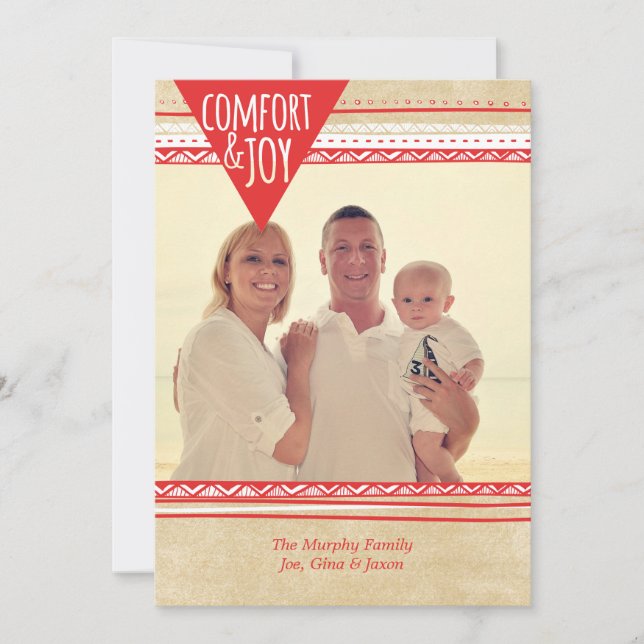 Carte photo de Noël Aztec Comfort & Joy, Rouge/Tan (Devant)
