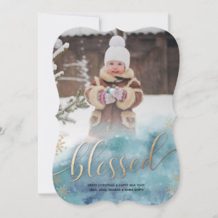 Carte photo de Noël Blessée d'or bleu