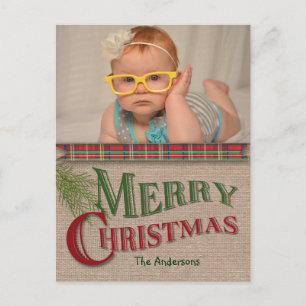 Carte photo de Noël Burlap et Red Plaid