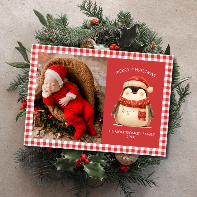 Carte photo de Noël de famille En vichy chèque (Créateur téléchargé)