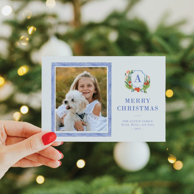 Carte photo de Noël de la crête d'aquarelle (A classic holiday card with a custom family crest accented with watercolor greenery)