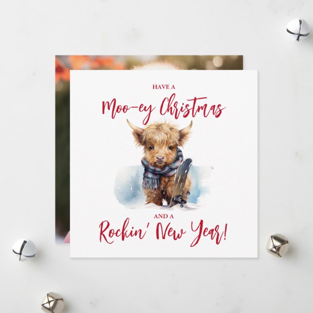 Carte photo de Noël de la vache carré Highland (Devant/Arrière en situation)