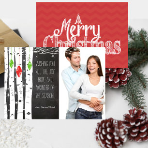 Carte photo de Noël de l'ornement de bouleaux roug