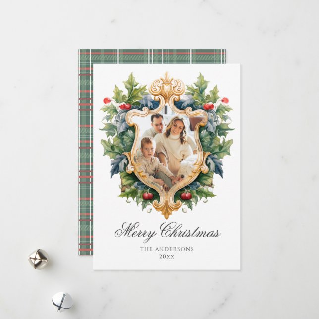 Carte photo de Noël Elegant Crest (Devant/Arrière en situation)