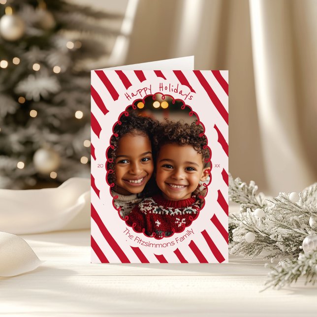 Carte photo de Noël en bande Sucre de canne dessin (Retro Candy Cane Whimsical Striped Christmas folded card)