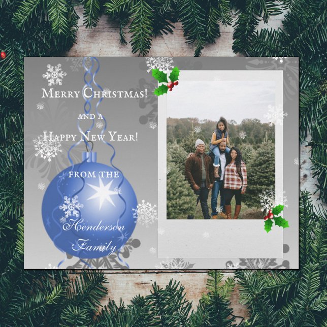 Carte photo de Noël Fancy Bleu (Blue Fancy Christmas Ornament Holiday Photo Card)