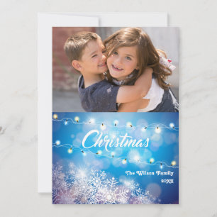 Carte Photo de Noël flocon de neige bleu scintillant