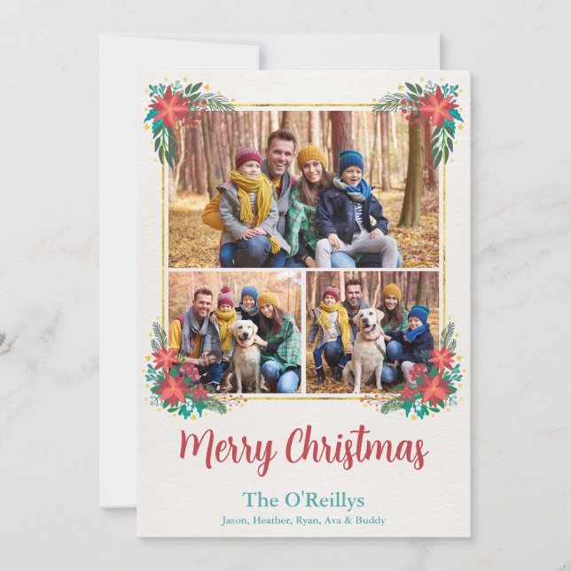 Carte photo de Noël Floral Boho, Gold Frame (Devant)