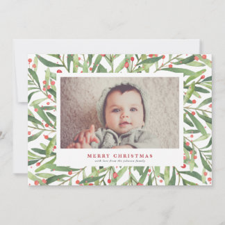 Carte photo de Noël Holly Watercolor