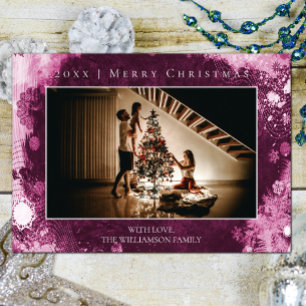 Carte photo de Noël Magenta Frosted Snowflakes