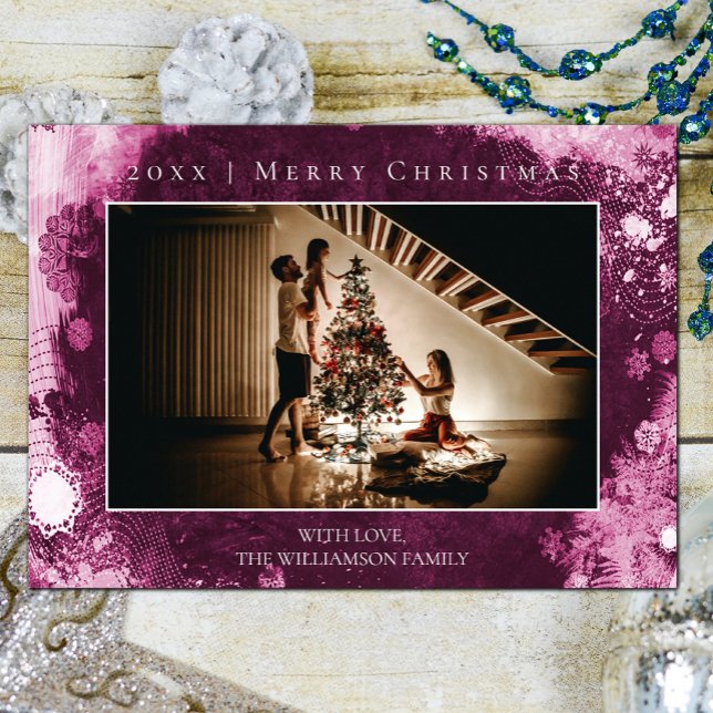 Carte photo de Noël Magenta Frosted Snowflakes (Magenta Frosted Snowflakes Christmas Photo Card)