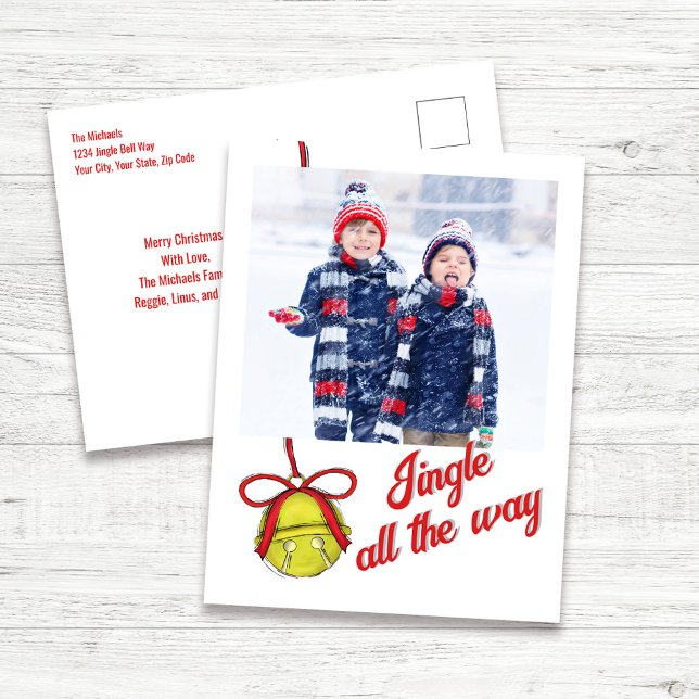 Carte photo de Noël mignonne Jingle Tout le chemin (Jingle all the way cute photo Christmas card postcard template. )