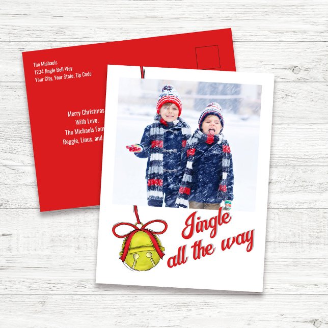 Carte photo de Noël mignonne Jingle Tout le chemin (Cute Christmas card with jingle all the way quote and whimsical jingle bell.)