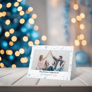 Carte photo de Noël minimaliste des flocons bleus