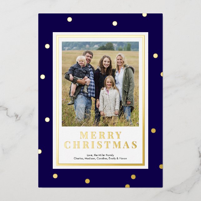 Carte photo de Noël moderne Blue and Gold Foil (Recto)