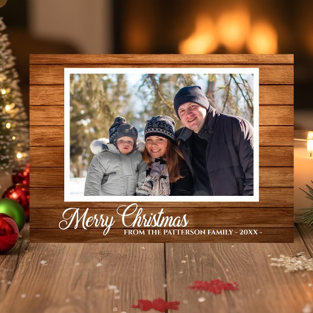 Carte Photo de Noël Nom de famille Rustic Wood 2 Côté (Créateur téléchargé)