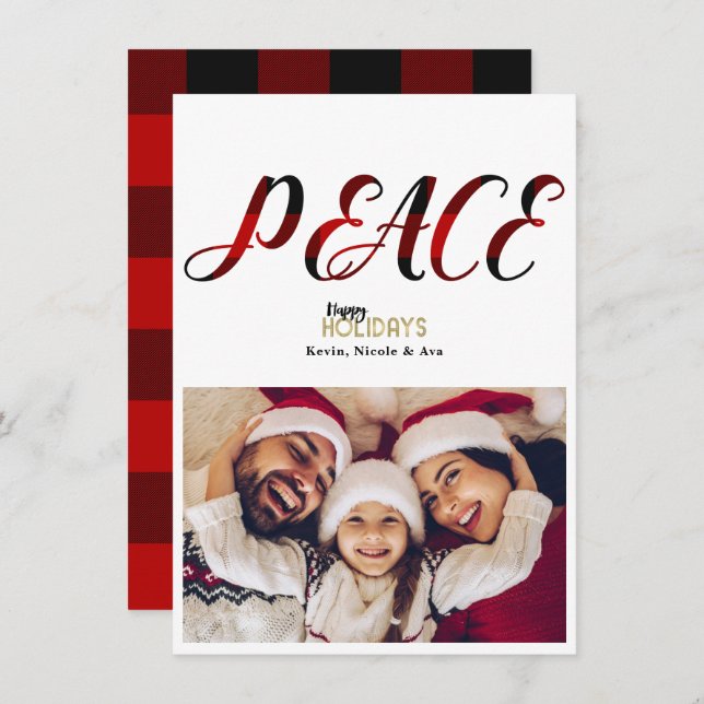 CARTE PHOTO de Noël PAIX Red Plaid (Devant / Derrière)